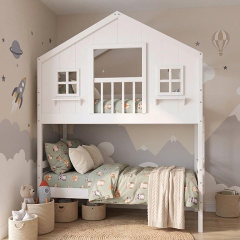 Beliche Infantil Casinha Dos Sonhos com Varanda Madeira Maciça Branco Megamobilia