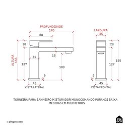 Torneira para Banheiro Misturador Monocomando Purangi Baixa Pingoo.casa - Preto - 10