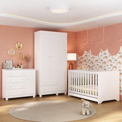 Quarto de Bebê Completo com Berço Americano 3 em 1 Allegra Multimóveis Mp4590 Branco