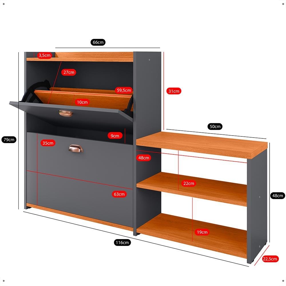 Banco Sapateira Vertical 2 Gavetas Prateleira Calçados Quarto Hall Entrada Retrô Cinza/cinamomo - - 8