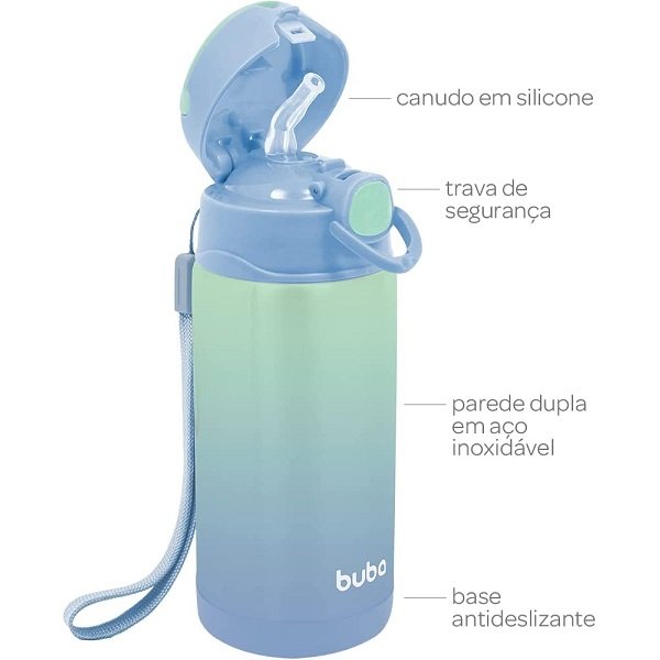 Copo Garrafa Termica Infantil com Canudo AÇO INOX 400ML Buba Azul - 8