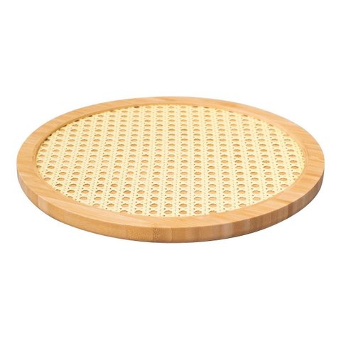 Bandeja Decorativa Redonda de Bambu e Palha Base Giratória