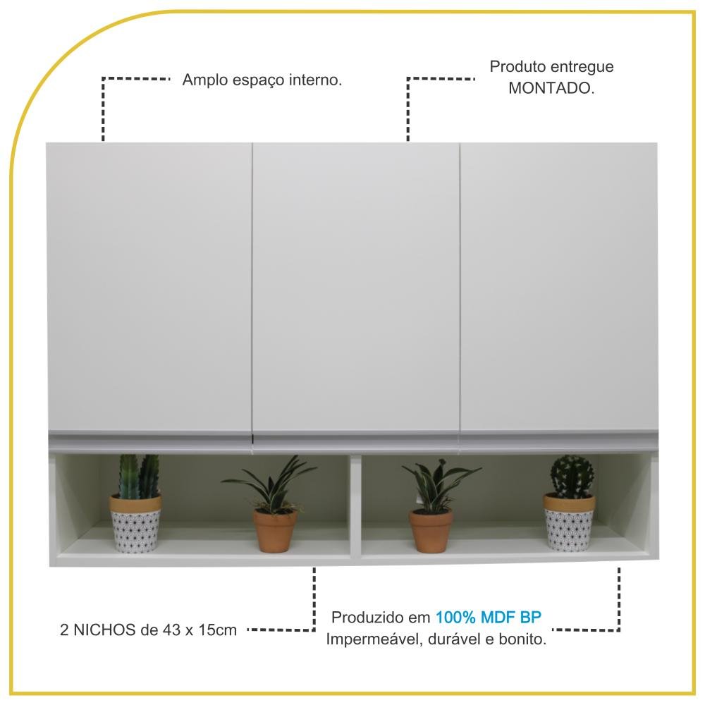 Armário Aéreo Multiuso 3 Portas com Nicho P/cozinha 100% Mdf - 3