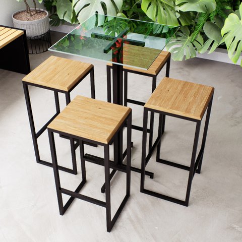 Conjunto Mesa Alta Bar Bistrô Quadrada Vidro 4 Bancos Pinus Industrial Black Don Castro Decor Indust