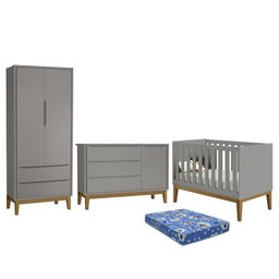 Dormitório Infantil Classic 2 Portas, Cômoda 1 Porta, Berço Cinza com Pés Amadeirado e Colchão - Rel - 1