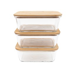 Kit 3 Potes de Vidro 1,5l com Tampa Bambu Hermético Marmita Retangulares - Tud - 3