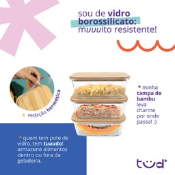 Kit 3 Potes de Vidro 1,5l com Tampa Bambu Hermético Marmita Retangulares - Tud - 5