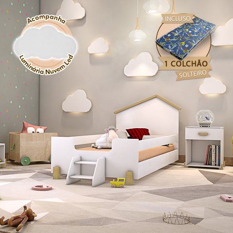 Cama de Criança Infantil com Colchão e Escadinha Solteiro Ayla Branca e Natural Acompanha Luminária