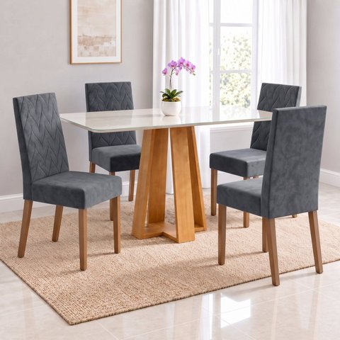 Conjunto Sala de Jantar Mesa Lisa 120cm Tampo MDF Vidro Canto Arredondado 4 Cadeiras Maitê