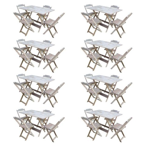 Kit 8 Conjuntos De Mesa Com 4 Cadeiras De Madeira Dobravel 120X70 Sem Pintura/Crua - Marrom