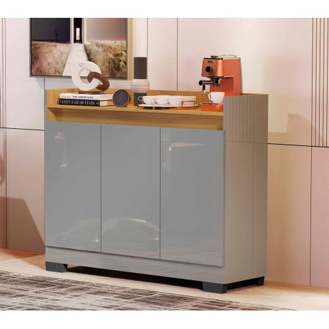 Aparador Buffet Ryzen 3 Portas com Prateleiras Internas - Cinza com Nature