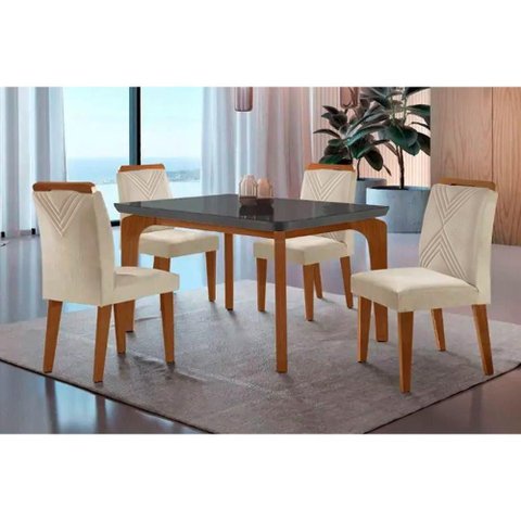 Sala de Jantar Completa Londrina Tampo Madeirado C- Vidro Curvo 120x80 e 4 Cadeiras Amsterdã Imbuia