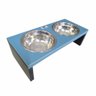 Comedouro madeira azul elevado 2 potes inox para cães e gatos - 1
