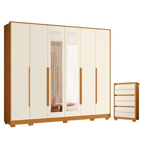 Guarda Roupa Casal Mercure com Espelho 6 Portas e Cômoda Unno 06 Gavetas Cinamomo Off White - Mó