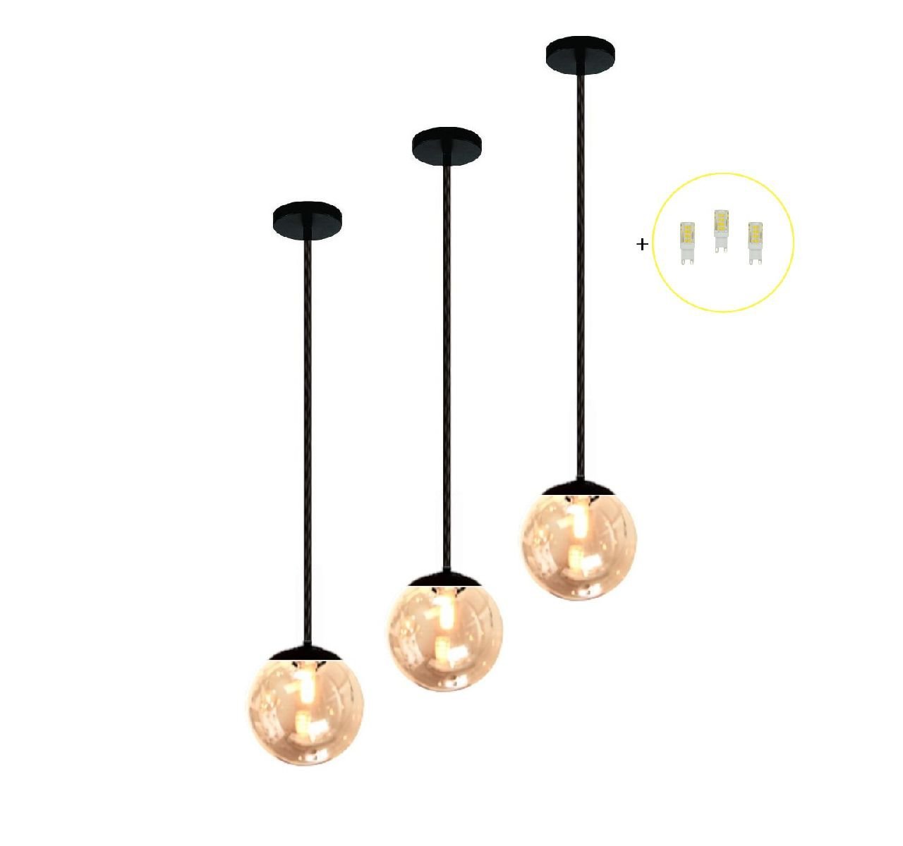 Kit 3 Pendente Preto Bancada Cozinha Cabeceira de Cama + Led Arevo Iluminação Jabuticaba VIDRO TRANS