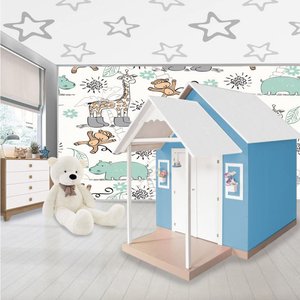 Casinha de Brinquedo Artesanal Mdf com Telhado Branco/azul L12 - Gran Belo Casinha Infantil