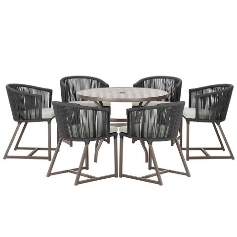 Mesa com 6 Cadeiras de Jantar Roma 120cm e Noronha em Alumínio Marrom Corda Náutica Estofado 3 Trama