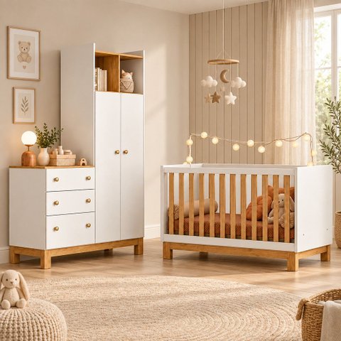 Kit Quarto de Bebê Flora Guarda Roupa Cômoda Berço Mini Cama Qmovi