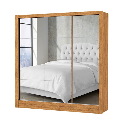Guarda Roupa Solteiro com Espelho 3 Portas Espelhadas de Correr 3 Gavetas 179cm Premium Santiago Cinamomo - Carioca Móveis