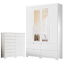 Ver imagem 1 de Guarda Roupa Solteiro Doble 04 Portas com Espelho e Cômoda Verona Branco - Móveis Albatroz