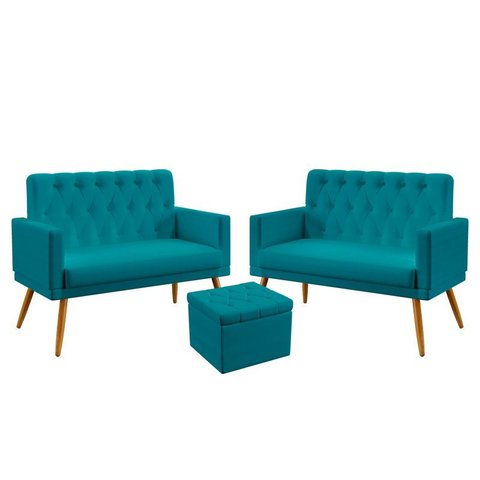 Kit 2 Poltronas Namoradeira Nina Rodapé e Capitonê com Puff Quasar Suede Azul Turquesa Aradecor