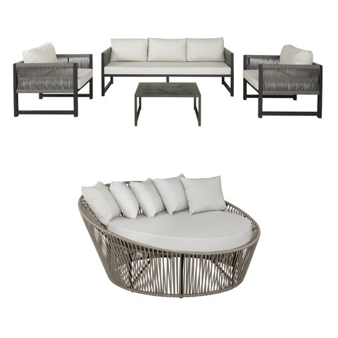 Kit Jogo de Sofás 5 Lugares + Chaise Redonda de 1,60 Cm em Corda Náutica e Alumínio Área Externa