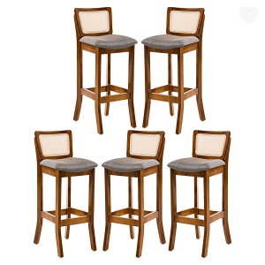 Kit 5 Banquetas em Madeira com Encosto Rattan Portugal Estofado Linho Cinza L55 Rmi