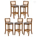 Ver imagem 1 de Kit 5 Banquetas em Madeira com Encosto Rattan Portugal Estofado Linho Cinza L55 Rmi