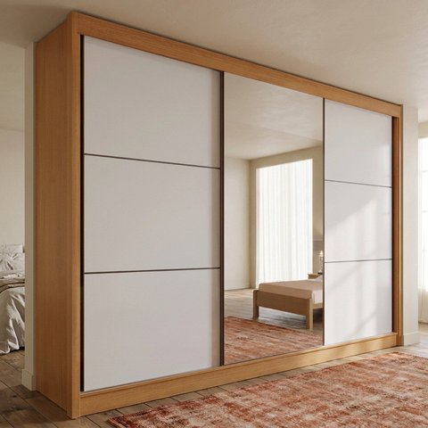 Guarda-Roupa Casal com 3 Portas de Correr e 6 Gavetas com Espelho 100% MDF Cinamomo Off-White Miami