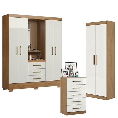 Guarda Roupa Solteiro Paris 2045150 com Armário Multiuso 2 Portas 2000191 e Cômoda 5 Gavetas 2014140