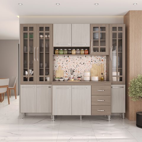 Armário de Cozinha Modulada Compacta Fidelitá Paris 4 Peças 225cm 11 Portas 3 Gavetas com Tampo