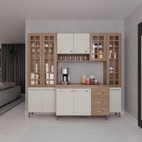 Cozinha Modulada Compacta Fidelitá Paris 4 Peças 225cm 11 Portas 3 Gavetas com Tampo