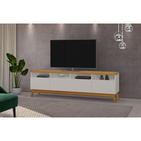 Rack ABS 2.18m Estilo Retrô Com Pés em Madeira e Puxadores em Couro Para TV Até 75'' Com Nichos Para