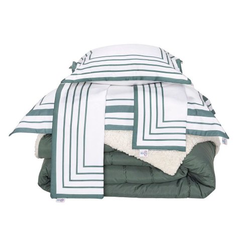 Kit Edredom King Coberdrom Soft Hipercal/sherpa 5 Peças - Verde - 100% Poliéster