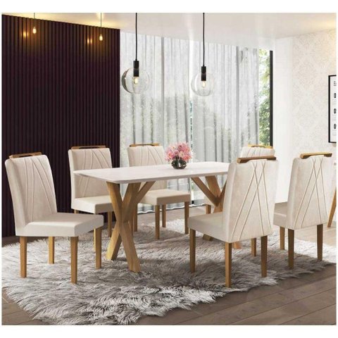 Conjunto Sala de Jantar Munique 6 Cadeiras Bege Areia