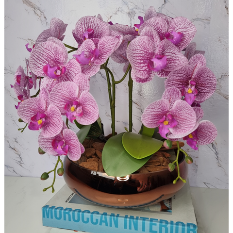 Arranjo Com 4 Orquídeas Violeta Vaso Cobre 28cm