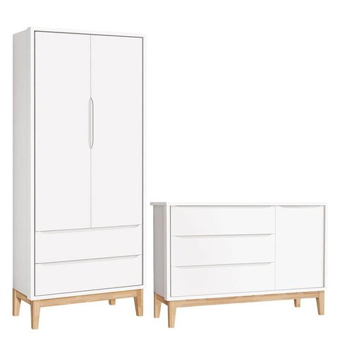 Cômoda com Porta e Guarda Roupa Infantil 2 Portas New Classic Branco com Pés Madeira Natural – Relle