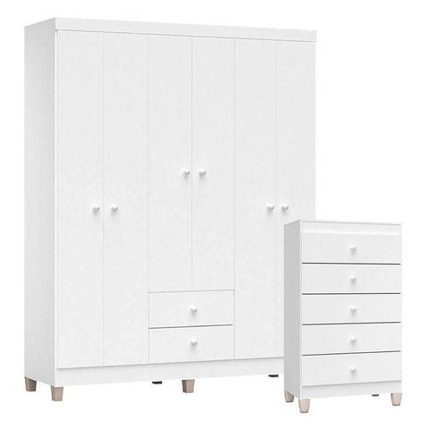 Cômoda Gaveteiro e Guarda Roupa 6 Portas Baby Kids Branco Brilho – Incorplac