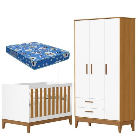 Guarda Roupa Infantil 3 Portas com Berço Americano Flip Branco Acetinado Savana com Colchão Ortobom 