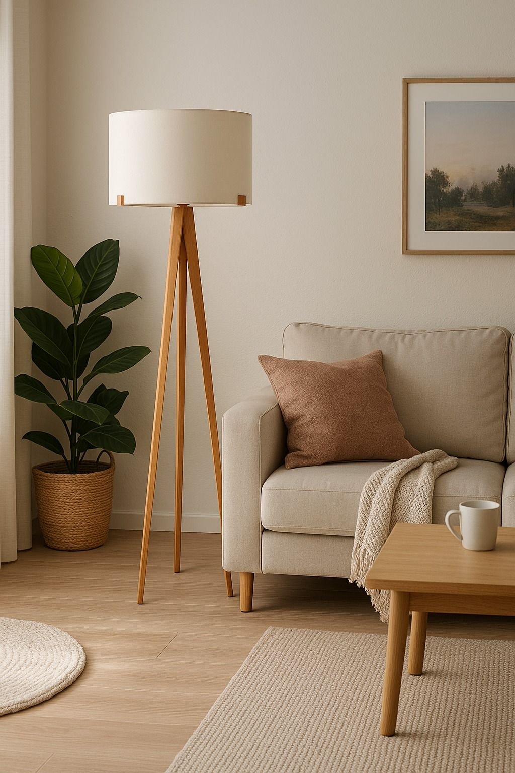 Luminária Coluna de Piso Chão Áustria em Madeira com Cupula Algodão Cru Decorativa para Sala Quarto - 1