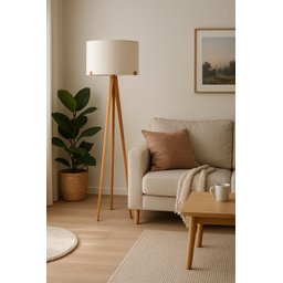 Luminária Coluna de Piso Chão Áustria em Madeira com Cupula Algodão Cru Decorativa para Sala Quarto - 1