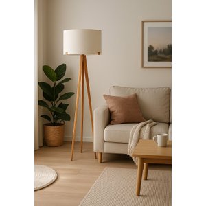 Luminária Coluna de Piso Chão Áustria em Madeira com Cupula Algodão Cru Decorativa para Sala Quarto