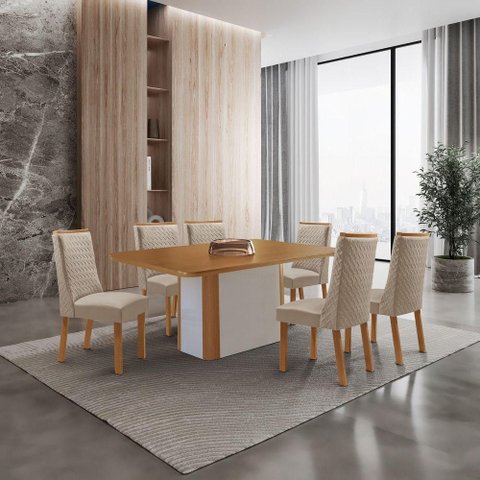Conjunto de Jantar Isadora 6 Lugares Tampo MDF Cadeiras Carolina Veludo Creme 180cm Moderna