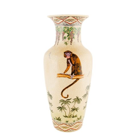 Vaso Decorativo Cerâmica Craquelada Pintado À Mão Macaco Glicínias 49cm Columbus Gold