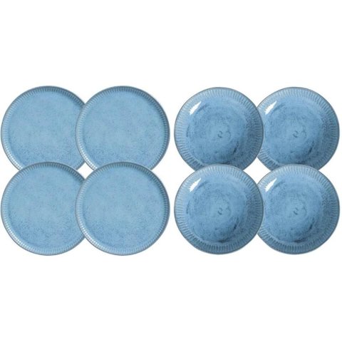Jogo 4 Pratos Rasos e 4 Pratos Fundos Cerâmica Azul Linhas Breeze Porto Brasil Mesa Posta