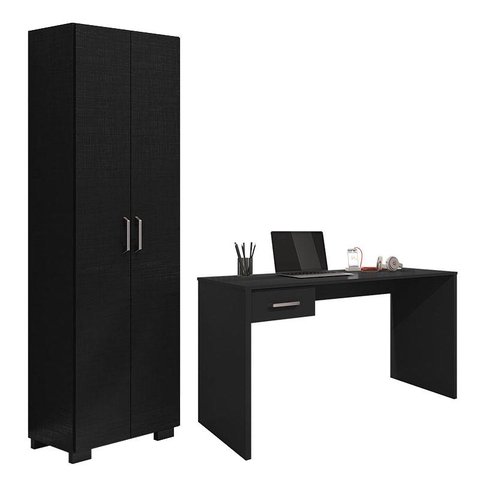 Mesa para Computador Gávea com Gaveta e Livreiro Office com Portas Grandes Preto Trama - Móveis Leão