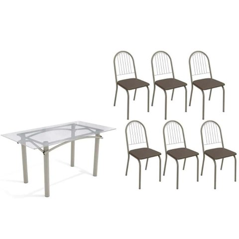 Conjunto: Mesa Sala Jantar Elba C/ Tampo de Vidro 150cm e 6 Cadeiras Noruega Niquel - Courano Marrom