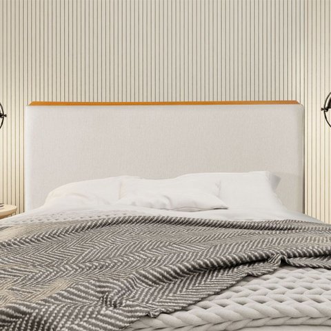 Cabeceira Cama Box King 1,93m Estofada Detalhe em Madeira Java Linho Crú