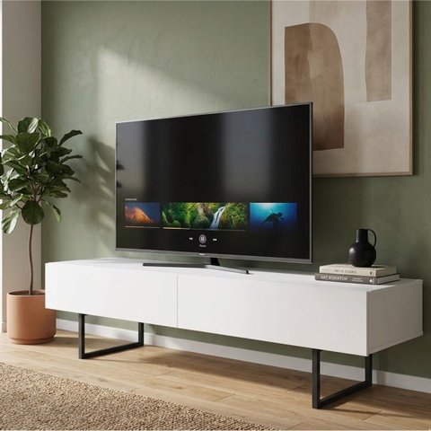Rack para Tv até 60 Polegadas Mdf 160cm Pés em Aço Carbono 2 Gavetas Branco/Preto Fosco