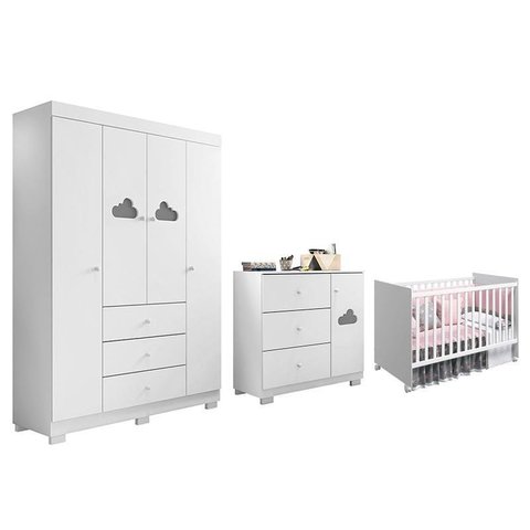 Dormitório Infantil Ane Guarda Roupa, Cômoda e Berço Mel Branco - Phoenix Baby